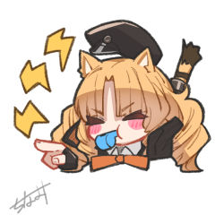 Rule 34 | 1girl, animal ears, arknights, beret, black hat, black jacket, blowing whistle, blush stickers, bow, bowtie, chibi, closed eyes, collared shirt, drill hair, hat, jacket, orange bow, orange bowtie, orange hair, pointing, seto tinami, shirt, signature, simple background, solo, swire (arknights), tiger ears, tiger girl, v-shaped eyebrows, whistle, white background, white shirt