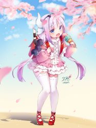 Rule 34 | 10s, 1girl, backpack, bag, black hairband, blue eyes, character name, cherry blossoms, dated, dragon girl, dragon horns, flute, food, full body, hairband, highres, horns, ice cream, ika (4801055), instrument, kanna kamui, kobayashi-san chi no maidragon, light purple hair, long hair, looking at viewer, open mouth, petals, randoseru, recorder, shadow, signature, skirt, solo, standing, thighhighs, thighs, twintails, white skirt, white thighhighs, zettai ryouiki