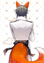 Rule 34 | 1boy, animal ears, back bow, black bow, bow, clothing cutout, coat, commentary, cowboy shot, dotted line, english commentary, facing away, fox boy, fox ears, fox tail, from behind, grey hair, hands up, heart, highres, kemonomimi mode, long sleeves, male focus, mgph, mysta rias, nijisanji, nijisanji en, short hair, sidelocks, solo, tail, tail through clothes, twitter username, virtual youtuber, white background, white coat