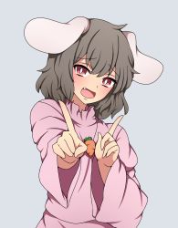 Rule 34 | 1girl, :d, absurdres, adapted costume, animal ears, blush, bright pupils, brown hair, carrot necklace, commentary request, dress, fang, flat chest, floppy ears, foreshortening, gradient background, grey background, hair between eyes, highres, inaba tewi, index finger raised, jewelry, koi dance, long sleeves, looking at viewer, necklace, open mouth, pink dress, rabbit ears, red eyes, short hair, simple background, smile, solo, standing, suwaneko, touhou, upper body, white pupils, wide sleeves