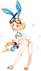 Rule 34 | 1girl, animal ears, ass, bikini, blonde hair, bright pupils, disgaea, disgaea rpg, full body, goggles, goggles on head, highres, holding, holding water gun, non-web source, official art, open mouth, photoshop (medium), rabbit ears, rabbit tail, red eyes, sandals, short eyebrows, short hair, snorkel, solo, standing, swimsuit, tail, thick eyebrows, transparent background, usalia (disgaea), water gun