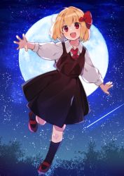 Rule 34 | 1girl, akagashi hagane, ascot, black skirt, black socks, blonde hair, blouse, blush, bow, dress shirt, full body, full moon, hair bow, long sleeves, moon, night, open mouth, outdoors, outstretched arms, red ascot, red bow, red eyes, rumia, shirt, shooting star, short hair, skirt, skirt set, sky, socks, solo, star (sky), touhou, vest