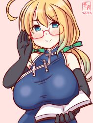 Rule 34 | 1girl, adjusting eyewear, ahoge, artist logo, black gloves, blonde hair, blue dress, blue eyes, blush, book, breasts, china dress, chinese clothes, dated, dress, elbow gloves, glasses, gloves, gradient background, hair ribbon, holding, holding book, i-8 (kancolle), kanon (kurogane knights), kantai collection, large breasts, long hair, looking at viewer, low twintails, one-hour drawing challenge, open book, pink background, ribbon, sleeveless, sleeveless dress, smile, twintails, upper body