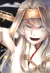 Rule 34 | ahoge, blood, blood on face, damaged, eyelashes, highres, injury, kantai collection, kongou (kancolle), light brown hair, millipen (medium), nontraditional miko, open mouth, purple eyes, solo, tesun (g noh), traditional media, watercolor pencil (medium)