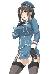 Rule 34 | 10s, 1girl, beret, black gloves, black hair, black thighhighs, blush, breasts, female focus, garter straps, gloves, hat, kantai collection, large breasts, looking at viewer, military, military uniform, nigou, open mouth, red eyes, short hair, solo, takao (kancolle), thighhighs, uniform