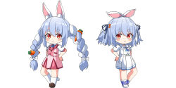 Rule 34 | 1girl, :t, ame., animal ears, blue footwear, blue hair, blush stickers, bow, braid, brown footwear, carrot hair ornament, chibi, closed mouth, food-themed hair ornament, hair between eyes, hair bow, hair ornament, highres, hololive, kneehighs, loafers, multicolored hair, multiple views, pink skirt, pink vest, pleated skirt, pout, puffy short sleeves, puffy sleeves, rabbit-shaped pupils, rabbit ears, red eyes, shirt, shoes, short eyebrows, short sleeves, simple background, skirt, socks, symbol-shaped pupils, thick eyebrows, twin braids, twintails, two-tone hair, two side up, usada pekora, usada pekora (casual), vest, virtual youtuber, white background, white bow, white hair, white shirt, white skirt, white socks