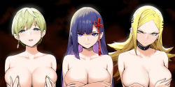 Rule 34 | 3girls, :/, absurdres, annoyed, black collar, blonde hair, blue eyes, blunt bangs, breasts, character request, cleavage, collar, collarbone, commentary request, covering breasts, covering nipples, covering privates, earrings, frown, hair ornament, highres, izumo tenka, jewelry, kamiunten mira, large breasts, long sleeves, looking at viewer, mato seihei no slave, multiple girls, nude, parted bangs, parted lips, pout, purple eyes, purple hair, short hair, single earring, sky-freedom, smile, spiked collar, spikes, take your pick, tassel, tassel earrings, teasing, v-shaped eyebrows, yamashiro ren, yellow eyes