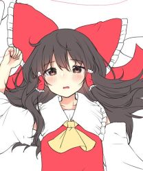 Rule 34 | 1girl, arm up, ascot, bad id, bad twitter id, black eyes, black hair, blush, bow, cheunes, commentary request, detached sleeves, hair between eyes, hair bow, hair tubes, hakurei reimu, long hair, looking at viewer, open mouth, red bow, sidelocks, solo, string, string of fate, touhou, unfinished, upper body