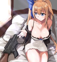 Rule 34 | 1girl, arm at side, bare shoulders, battle rifle, bed, black bra, black jacket, blue eyes, blue ribbon, blush, bra, breasts, cleavage, closed mouth, collarbone, cowboy shot, dress, eyebrows, eyelashes, fal (girls&#039; frontline), female focus, fn fal, from above, girls&#039; frontline, gun, hair ribbon, hand up, indoors, jacket, jacket partially removed, large breasts, legs together, light brown hair, long hair, looking afar, looking down, looking to the side, niceratus kiotensis, on bed, ponytail, ribbon, rifle, short dress, side ponytail, sitting, smile, solo, strapless, strapless dress, underwear, weapon, white dress