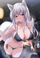 Rule 34 | 1girl, animal ears, bikini, black bikini, breasts, bucket, closed mouth, collarbone, commentary request, fox ears, fox girl, fox tail, grey hair, groin, highres, karory, lantern, large breasts, leaning forward, long hair, looking at viewer, navel, night, onsen, original, outdoors, pink eyes, rock, sky, smile, solo, star (sky), starry sky, swimsuit, tail, tokkuri, very long hair, wading, water, wooden bucket