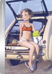 Rule 34 | 1girl, artist name, bare shoulders, beach, bikini, bikini top only, brown eyes, brown hair, car, car trunk, check vehicle, collarbone, dated, day, english text, feet, flat chest, full body, grey footwear, legs, looking to the side, midriff, motor vehicle, murata range, navel, nissan pao, open mouth, original, outdoors, red bikini, sandals, scrunchie, short hair, short shorts, shorts, sitting, smile, solo, swimsuit, toenails, toes, vehicle request, white shorts, wrist scrunchie