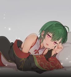 Rule 34 | ahoge, androgynous, bad id, bad twitter id, bare shoulders, blush, chinese clothes, earrings, fang, gender request, green hair, highres, jewelry, konbu wakame, lying, nail polish, nijisanji, on side, open mouth, pillow, purple eyes, red nails, ryuushen, short hair, solo, virtual youtuber