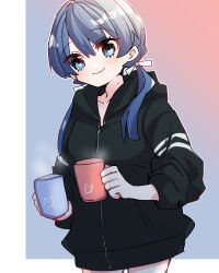 Rule 34 | 1girl, black jacket, blue eyes, blue hair, blue ribbon, coffee mug, collarbone, commentary request, cup, dark blue hair, gradient background, hair ribbon, highres, holding, holding cup, hood, hooded jacket, jacket, kanduki kamibukuro, link! like! love live!, long hair, long sleeves, looking at viewer, love live!, low twintails, mole, mole on neck, mug, murano sayaka, naked jacket, ribbon, smile, solo, swept bangs, twintails, upper body