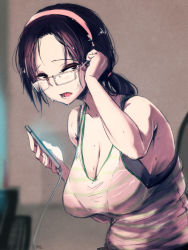 Rule 34 | 1girl, at2., black hair, braid, breasts, brown eyes, cellphone, glasses, goggles, hairband, large breasts, lips, open mouth, original, phone, rectangular eyewear, smartphone, solo, sweat, teeth, tongue