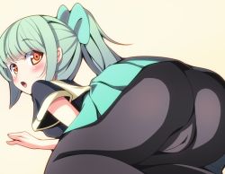 Rule 34 | 10s, 1girl, ass, blush, bow, cameltoe, chestnut mouth, female focus, from behind, green hair, hair bow, kantai collection, long hair, looking back, oimonocake, open mouth, orange eyes, pantyhose, personification, ponytail, school uniform, skirt, solo, upskirt, yuubari (kancolle)