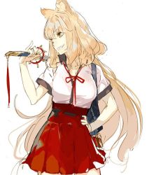 Rule 34 | animal ears, backpack, bag, blonde hair, dress, fate/grand order, fate (series), long hair, looking to the side, pako (pakosun), red dress, smile, suzuka gozen (fate), sword, weapon, white background, yellow eyes