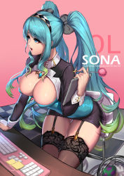 Rule 34 | 1girl, aqua hair, arm support, artist name, black bow, black jacket, black skirt, black thighhighs, blue eyes, bow, breasts, chair, character name, checkered floor, cian yo, cleavage, cowboy shot, cropped jacket, crystal, diamond (shape), eyebrows, eyelashes, fur trim, garter straps, glint, gradient hair, green hair, hair bow, hairband, hand up, heart, highres, holding, jacket, keyboard (computer), lace, lace-trimmed legwear, lace trim, large breasts, league of legends, leaning forward, lens flare, long hair, long sleeves, looking away, mimikaki, miniskirt, multicolored hair, mushroom, note, parted lips, pencil skirt, pink background, pink lips, poison mushroom, shiny skin, sidelocks, skirt, solo, sona (league of legends), table, tablet pc, thigh gap, thighhighs, twintails, very long hair, watermark, web address