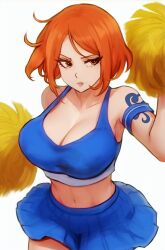 Rule 34 | 1girl, ai-assisted, alternate hairstyle, bare shoulders, blue skirt, breasts, cheerleader, cleavage, hand up, highres, large breasts, looking at viewer, midriff, miniskirt, nami (one piece), one piece, orange hair, pom pom (cheerleading), short hair, skirt, solo, stomach, tattoo, vcais