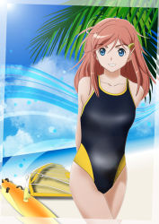 Rule 34 | 1girl, ahoge, arms behind back, bad id, bad pixiv id, black one-piece swimsuit, blue eyes, blurry, bokeh, brown hair, cowboy shot, day, depth of field, grin, hair ornament, hairclip, katou marika, miniskirt pirates, one-piece swimsuit, outdoors, palm tree, parted bangs, smile, standing, swept bangs, swimsuit, tree, wanco, windsurfing