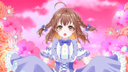 Rule 34 | 1girl, absurdres, ahoge, blush, bow, bowtie, braid, brown eyes, brown hair, corset, detached sleeves, dress, flower, frilled dress, frilled shirt collar, frills, hair bow, highres, lavie (cestbonlavie), open mouth, original, short sleeves, skirt hold, sleeveless, sleeveless dress, solo, straight-on, twin braids, two side up, upper body