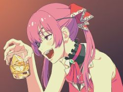 Rule 34 | 1girl, :d, alcohol, anime coloring, arm support, ascot, bansei, black collar, bodystocking, choker, collar, commentary request, cropped jacket, cup, drinking glass, drunk, eyepatch, frilled collar, frills, from side, gem, gradient background, hair over shoulder, half-closed eyes, hand up, highres, hololive, houshou marine, jacket, jewelry, lapel pin, lapels, leaning forward, leotard, leotard under clothes, long hair, neckerchief, one eye covered, open mouth, pendant, pirate, print eyepatch, profile, raised eyebrow, red choker, red eyes, red jacket, see-through, see-through leotard, side ponytail, sidelocks, simple background, sleeveless, smile, solo, teeth, upper teeth only, virtual youtuber, whiskey