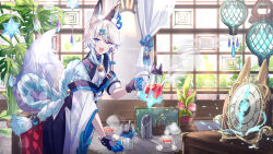 Rule 34 | 1boy, :d, analog clock, animal ear fluff, animal ears, apron, arm support, bell, black corset, black footwear, black gloves, black hakama, black sailor collar, blue fire, blue gemstone, blue gloves, blue hair, blue neckerchief, blue shirt, boiling, booth seating, braid, cafe, clock, corset, cowboy shot, cup, curtains, ear covers, fire, flower, flower knot, flower pot, fox boy, fox ears, fox tail, french braid, gem, gloves, gradient hair, green eyes, grey hair, hadanugi dousa, hair between eyes, hair ornament, hairclip, hakama, highres, holding kettle, indie virtual youtuber, indoors, japanese clothes, jar, jingle bell, kettle, kimono, lantern, leaning forward, looking at viewer, macchoko, male focus, menu, minamo ame, multicolored eyes, multicolored hair, neck bell, neckerchief, off shoulder, official art, open clothes, open kimono, open mouth, pink flower, plant, pom pom (clothes), potted plant, purple eyes, pyrokinesis, rope, sailor collar, saucer, shimenawa, shirt, short eyebrows, short hair with long locks, side braid, simple background, single ear cover, sleeve garter, sleeves rolled up, smile, solo, standing, steam, stellated octahedron, streaked hair, striped clothes, striped neckerchief, striped shirt, sugar bowl, sugar cube, swept bangs, table, tail, tassel, tea, teacup, themed object, tree, two-tone gloves, vest, virtual youtuber, waist apron, waiter, white apron, white background, white hair, white kimono, white vest, window