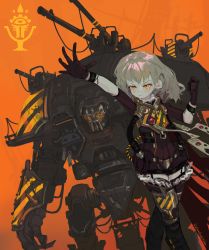Rule 34 | 1girl, absurdres, bike shorts, brown gloves, child, clenched hand, closed mouth, garter straps, gloves, grey hair, hand up, hands up, highres, imperial knight, mecha, orange background, orange eyes, polilla, robot, solo, standing, thighhighs, titan (warhammer 40k), twitter username, warhammer 40k, wax seal, wristband