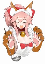 Rule 34 | 1girl, :d, ^ ^, animal ears, animal hands, apron, ariyoshi gen, bell, blush, bow, breasts, cleavage, closed eyes, collar, fate/grand order, fate (series), fox ears, ladle, large breasts, long hair, naked apron, neck bell, open mouth, pink hair, simple background, smile, solo, tamamo (fate), tamamo cat (fate), tamamo cat (third ascension) (fate), tamamo no mae (fate/extra), white background