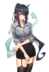 Rule 34 | 1girl, absurdres, aqua hair, arknights, artist name, black hair, black skirt, black thighhighs, breasts, character name, closed mouth, collarbone, collared shirt, cowboy shot, crossed arms, dragon girl, dragon horns, dragon tail, dusk (arknights), earrings, eyes visible through hair, garter straps, grey shirt, high ponytail, highres, holding, horns, id card, jewelry, long bangs, looking at viewer, marker, medium breasts, miniskirt, mixed-language commentary, multicolored hair, parted bangs, pencil skirt, pointy ears, red eyes, shirt, shouz, simple background, skirt, sleeves rolled up, solo, tail, tail raised, tassel, tassel earrings, taut clothes, taut shirt, thighhighs, two-tone hair, white background
