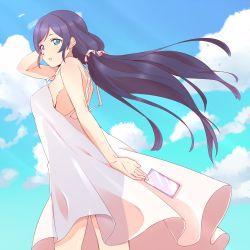 Rule 34 | 10s, 1girl, bare shoulders, blue eyes, breasts, card, cloud, day, dress, egooo, hand on own head, large breasts, long dress, long hair, looking at viewer, love live!, love live! school idol project, purple hair, see-through silhouette, sideboob, sky, solo, sundress, tojo nozomi, twintails, white dress