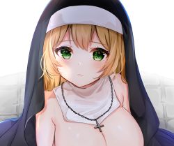 Rule 34 | 1girl, blonde hair, blush, breasts, cleavage, closed mouth, cross, cross necklace, detached collar, green eyes, habit, highres, jewelry, katsushika pachi, large breasts, long hair, necklace, nude, nun, original, out-of-frame censoring, solo, straight hair, very long hair