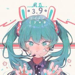 Rule 34 | 1girl, 39, animal ears, aqua eyes, aqua hair, aqua nails, black necktie, claw pose, closed mouth, collared shirt, commentary, dan ji, drawn ears, grey background, hair between eyes, hair ornament, hands up, hatsune miku, headset, long hair, looking at viewer, miku day, nail art, nail polish, necktie, portrait, rabbit ears, shirt, simple background, sleeveless, sleeveless shirt, smile, solo, sticker on face, straight-on, twintails, vocaloid, white shirt