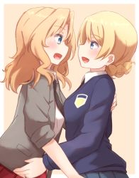 Rule 34 | 10s, 2girls, bad id, bad pixiv id, black necktie, blonde hair, blue eyes, blue sweater, blush, braid, commentary request, darjeeling (girls und panzer), girls und panzer, highres, kapatarou, kay (girls und panzer), long sleeves, looking at another, multiple girls, necktie, open mouth, school uniform, short hair, sleeves rolled up, sweater, yuri