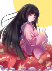 Rule 34 | 1girl, absurdres, artist name, autumn leaves, back, bamboo print, belt, black hair, blouse, blush, breasts, closed mouth, commentary request, dated, floral print, flower, frills, from behind, grey belt, hand up, highres, houraisan kaguya, leaf, leaf print, long hair, long sleeves, looking back, looking to the side, medium breasts, moon, pink shirt, red eyes, red skirt, shirt, simple background, sitting, skirt, smile, solo, touhou, white background, wide sleeves, yellow flower, yellow moon, yujin (kanouyuuto-0423)