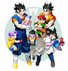 !? 1girl 6+boys baby bib black_eyes black_hair blue_eyes blue_hair bowl_cut bra_(dragon_ball) child chinese_clothes chinese_hat commentary_request dated_commentary dragon_ball dragon_ball_super dragonball_z earrings father_and_daughter father_and_son gamubanku gloves gogeta gotenks highres holding_baby jewelry looking_at_viewer looking_down metamoran_vest monkey_boy monkey_tail multiple_boys muscular muscular_male nervous_sweating parent_and_child potara_earrings purple_hair short_twintails sleeping son_gohan son_goten spiked_hair sweat tail tearing_up trunks_(dragon_ball) twintails twitter_username vegetto vest white_gloves