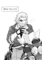 1boy absurdres beard bergard_zeman countdown cup disposable_coffee_cup disposable_cup eiyuu_densetsu eyepatch facial_hair greyscale highres kai_no_kiseki kuro_no_kiseki_(series) male_focus medium_hair monochrome motor_vehicle motorcycle old old_man on_motorcycle polly_(cott) scar scar_across_eye simple_background sitting smoke solo translation_request white_background