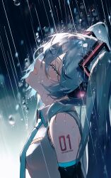 Rule 34 | 1girl, absurdres, aqua hair, black sleeves, blue necktie, blue trim, character name, check commentary, chinese commentary, closed eyes, collared shirt, commentary request, detached sleeves, grey shirt, hair between eyes, hatsune miku, head tilt, headphones, highres, long hair, mixed-language commentary, necktie, night, number tattoo, open mouth, outdoors, partial commentary, profile, rain, shirt, shoulder tattoo, sleeveless, sleeveless shirt, solo, tattoo, tears, twintails, upper body, very long hair, vocaloid, wing collar