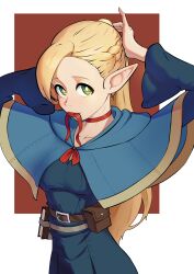 Rule 34 | 1girl, absurdres, arms up, belt, belt pouch, blonde hair, blue capelet, blue robe, braid, breasts, bright pupils, brown belt, capelet, closed mouth, commentary, cowboy shot, dungeon meshi, elf, green eyes, highres, long hair, long sleeves, looking at viewer, marcille donato, mouth hold, pointy ears, ponytail, pouch, reisonant, robe, small breasts, solo, tying hair, white pupils