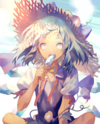Rule 34 | 1girl, blouse, blue dress, blue eyes, blue hair, blush, cirno, dress, eating, flower, food, hat, hidden star in four seasons, ice, ice wings, leaf, lor968, pinafore dress, plant, popsicle, shirt, short hair, sleeveless dress, solo, straw hat, tan, tanned cirno, teeth, touhou, upper teeth only, vines, white shirt, wings