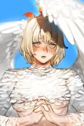Rule 34 | 1girl, absurdres, belletaku, blonde hair, blue background, blush, breasts, chimera, crying, dungeon meshi, falin touden, falin touden (chimera), feathered wings, highres, interlocked fingers, looking at viewer, medium breasts, medium hair, monster girl, open mouth, own hands together, shade, simple background, solo, tears, upper body, wings, yellow eyes