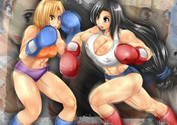Rule 34 | 1990s (style), 2girls, abs, alop-net, bare shoulders, black eyes, black hair, blonde hair, blue mary, boots, boxing, boxing gloves, breasts, cleavage, crossover, fatal fury, final fantasy, final fantasy vii, highres, huge breasts, long hair, midriff, multiple girls, muscular, orange eyes, retro artstyle, short hair, snk, sweat, tank top, the king of fighters, tifa lockhart, very long hair