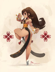 Rule 34 | 1girl, absurdres, alternate hairstyle, artist name, bracelet, braid, brown eyes, brown hair, capcom, china dress, chinese clothes, chun-li, clenched hands, deviantart username, dress, fighting stance, highres, jewelry, leg up, looking at viewer, official alternate costume, solo, spiked bracelet, spikes, street fighter, street fighter v, tiptoes, toned, twin braids, watermark, web address, xaxaxa