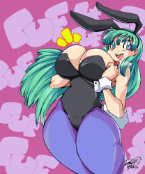 Rule 34 | 1girl, absurdres, alternate breast size, animal ears, aqua hair, bare shoulders, black leotard, blue eyes, blush, breast hold, breasts, bulma, cleavage, curvy, dated, detached collar, dragon ball, dragoontequila, fake animal ears, female focus, highleg, highleg leotard, highres, huge breasts, large breasts, leotard, long hair, looking at viewer, open mouth, pantyhose, playboy bunny, rabbit ears, shiny clothes, shiny skin, simple background, smile, solo, thick thighs, thighs, very long hair