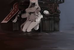 Rule 34 | 10s, 1girl, abyssal ship, boots, claws, dark, detached sleeves, dress, hita (hitapita), kantai collection, knee boots, kneeling, long hair, looking at viewer, machinery, pale skin, red eyes, ribbed dress, seaport princess, very long hair, white footwear, white hair