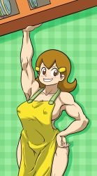 Rule 34 | 1girl, 5-volt, absurdres, apron, armpits, blush stickers, breasts, brown eyes, brown hair, covered erect nipples, grin, hair ornament, hand on own hip, highres, large breasts, lips, malev, mature female, muscular, muscular female, naked apron, nintendo, parted lips, smile, solo, warioware