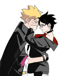 Rule 34 | 1boy, 1girl, black-framed eyewear, black choker, black eyes, black gloves, black hair, black jacket, blonde hair, blue eyes, blush, boruto: two blue vortex, cat (pixiv5891854), choker, closed mouth, commentary request, covering another&#039;s mouth, facial mark, from side, glasses, gloves, hand on another&#039;s hip, hand on another&#039;s mouth, highres, jacket, long sleeves, looking at another, naruto (series), pointy hair, pout, profile, short hair, simple background, sweatdrop, uchiha sarada, uzumaki boruto, white background