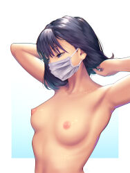 Rule 34 | 1girl, a.x., armpits, arms up, black eyes, black hair, breasts, hands in hair, highres, mask, medium breasts, mouth mask, nipples, original, short hair, solo, surgical mask, topless, white mask