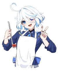 Rule 34 | 1girl, :d, absurdres, ahoge, apron, asiri senpai, blue eyes, blue jacket, brooch, commentary, furina (genshin impact), genshin impact, head tilt, highres, holding, holding ladle, jacket, jewelry, ladle, long sleeves, looking at viewer, no headwear, open mouth, short hair, smile, solo, upper body, v, white apron, white hair