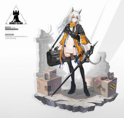 Rule 34 | 1girl, absurdres, animal ears, arknights, black footwear, black gloves, black thighhighs, boots, box, cardboard box, coat, commentary request, explosive, faux figurine, fingerless gloves, gloves, grenade, hair ornament, hairclip, high heel boots, high heels, highres, holding, holding sword, holding weapon, long hair, moonface, multicolored hair, original, photoshop (medium), rebar, rhodes island logo (arknights), shadow, solo, standing, sword, tail, thighhighs, two-tone hair, weapon, white hair, yellow coat, yellow eyes, zipper