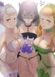 Rule 34 | 1boy, 3girls, black clover, breasts, highres, jewelry, mimosa vermillion, multiple girls, noelle silva, marriage proposal, ring, secre swallowtail, text focus, the amazing gambit